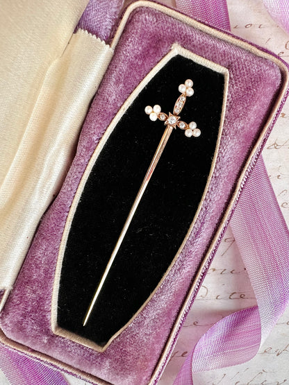 ANTIQUE • Victorian 14k Yellow Gold Sword Jabot w/ Old Mine Cut Diamonds & Saltwater Pearls