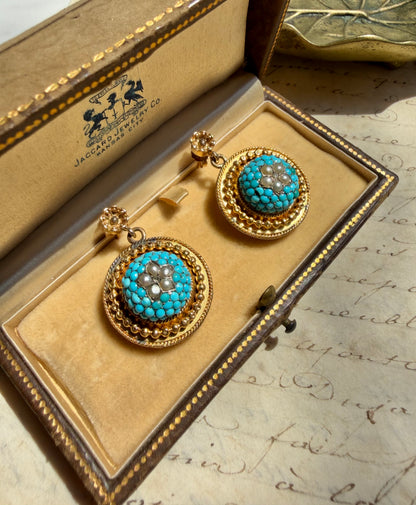 ANTIQUE • Victorian 14k Yellow Gold Celestial Earrings w/ Persian Turquoise, Sea Pearls & Rose Cut Diamonds