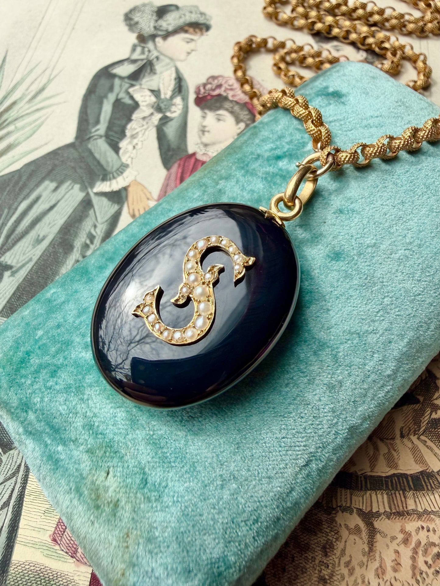 ANTIQUE • Victorian 14k Yellow Gold w/ Onyx & Seed Pearls “S” Initial Locket Pendant