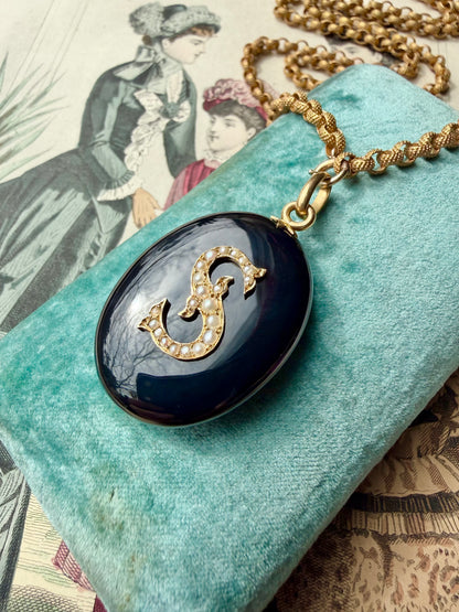 ANTIQUE • Victorian 14k Yellow Gold w/ Onyx & Seed Pearls “S” Initial Locket Pendant