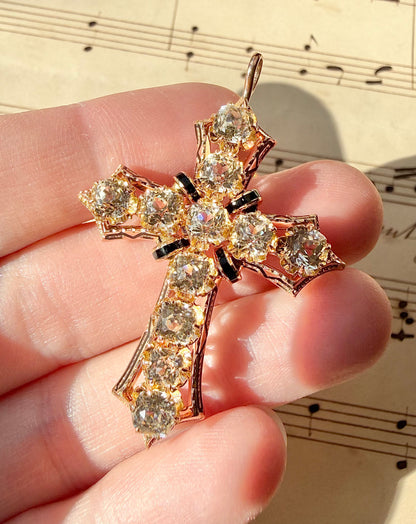 ANTIQUE • Victorian 10/14k Yellow Gold w/ Old Mine Cushion Cut Paste Diamonds & Enamel Cross Pendant Brooch