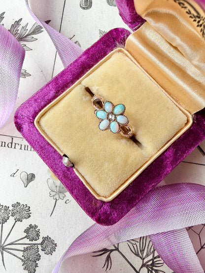 ANTIQUE • Art Nouveau 14k Yellow Gold w/ Australian Opal & Rose Cut Diamond Flower Ring