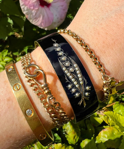 ANTIQUE • Victorian 10k Yellow Gold w/ Enamel & Seed Pearls Mourning Cuff Bracelet