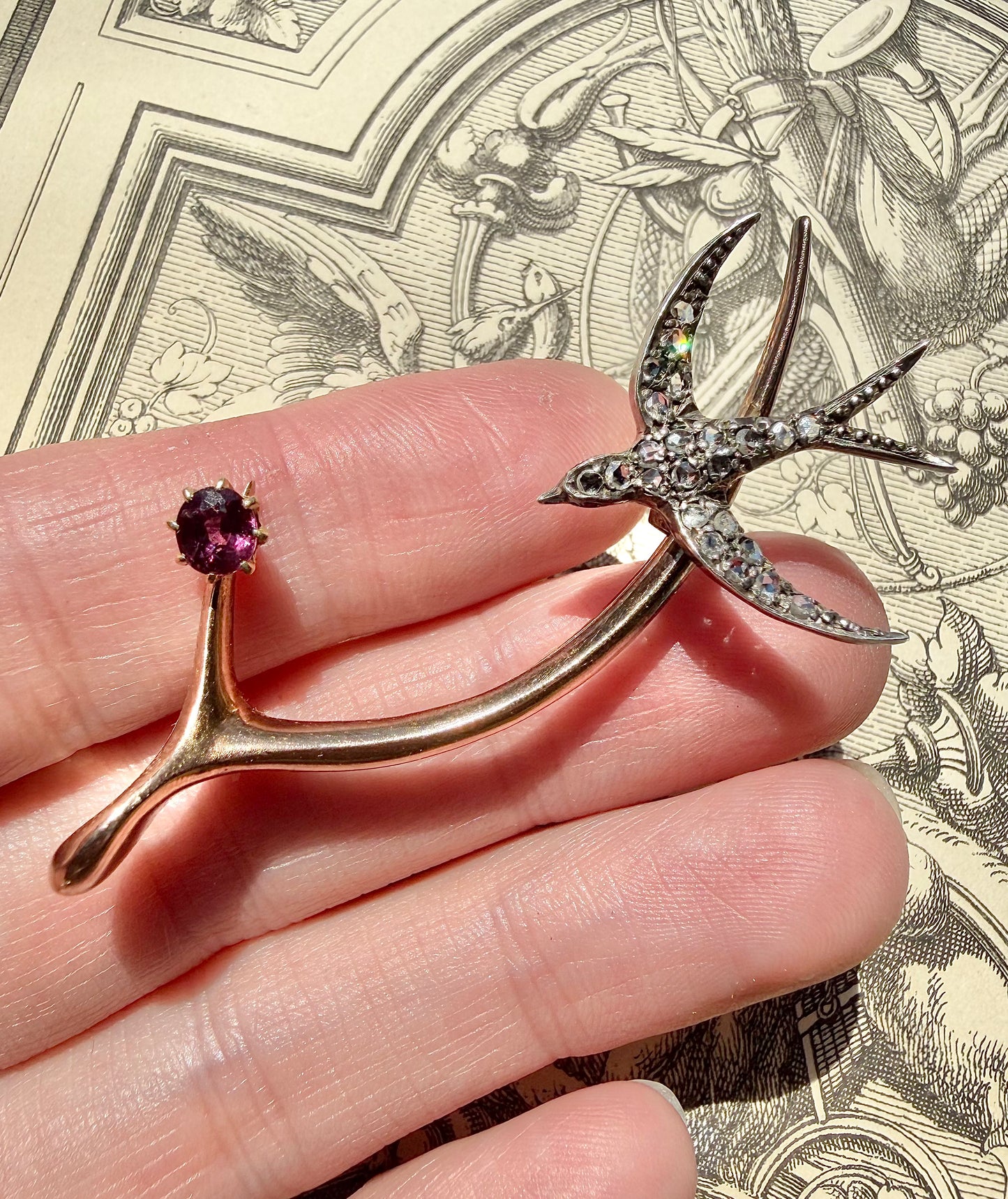 ANTIQUE • Victorian 14k Yellow Gold & Silver w/ Old Cut Diamonds & Rubies Wishbone Swallow Brooch