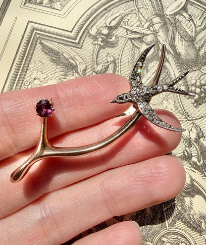ANTIQUE • Victorian 14k Yellow Gold & Silver w/ Old Cut Diamonds & Rubies Wishbone Swallow Brooch