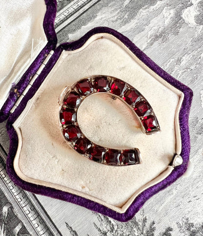 ANTIQUE • Victorian Low Karat Rosy Gold w/ Faceted Garnets Horseshoe Brooch