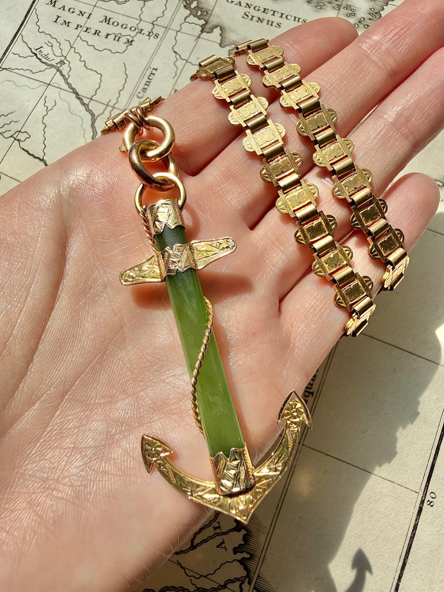 ANTIQUE • Victorian 9ct Yellow Gold Nephrite Jade Anchor Pendant & Brooch