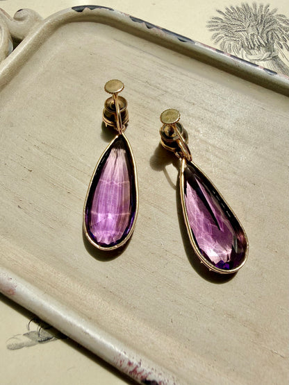 ANTIQUE • Georgian 9-14k Yellow Gold Amethyst Teardrop Earrings
