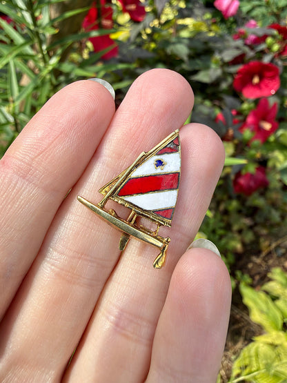 VINTAGE • Mid-Century 14k Yellow Gold w/ Enamel Sunfish Sailboat Brooch