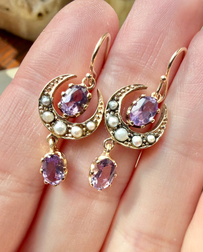 ANTIQUE • Victorian 9ct Yellow Gold w/ Amethyst & Seed Pearl Earrings