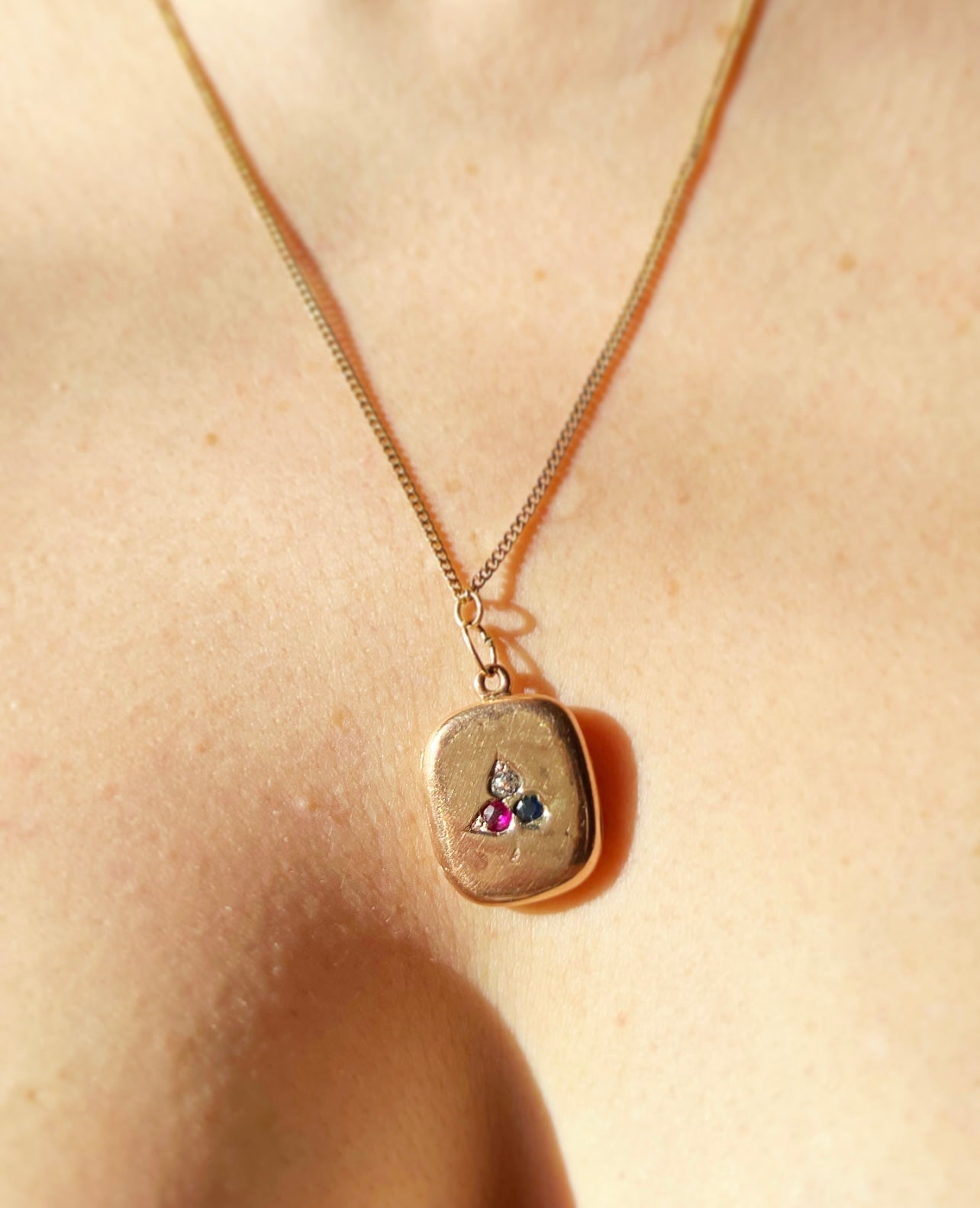 ANTIQUE • Victorian 10k Rose Gold Picture Locket Necklace w/ Old Cut Diamond, Sapphire & Ruby Club Symbol