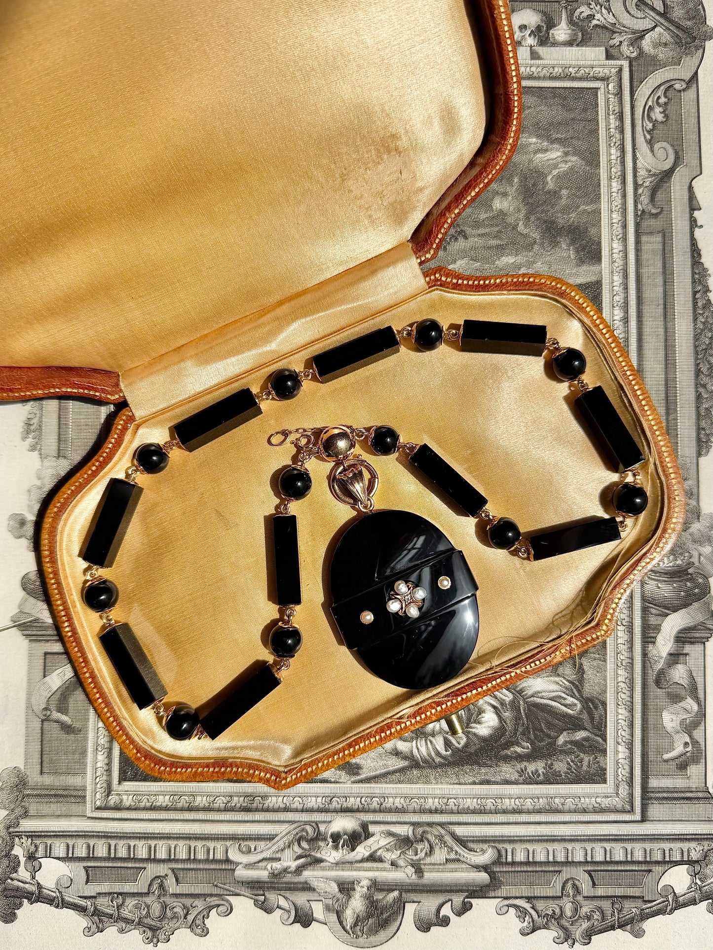 ANTIQUE • Victorian 14k Yellow Gold Onyx Mourning Necklace & Carved Locket Set w/ Pearls & Diamond