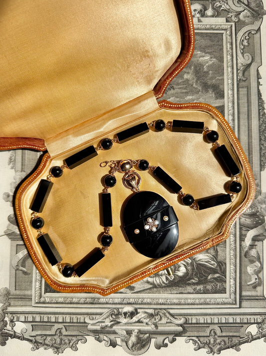 ANTIQUE • Victorian 14k Yellow Gold Onyx Mourning Necklace & Carved Locket Set w/ Pearls & Diamond