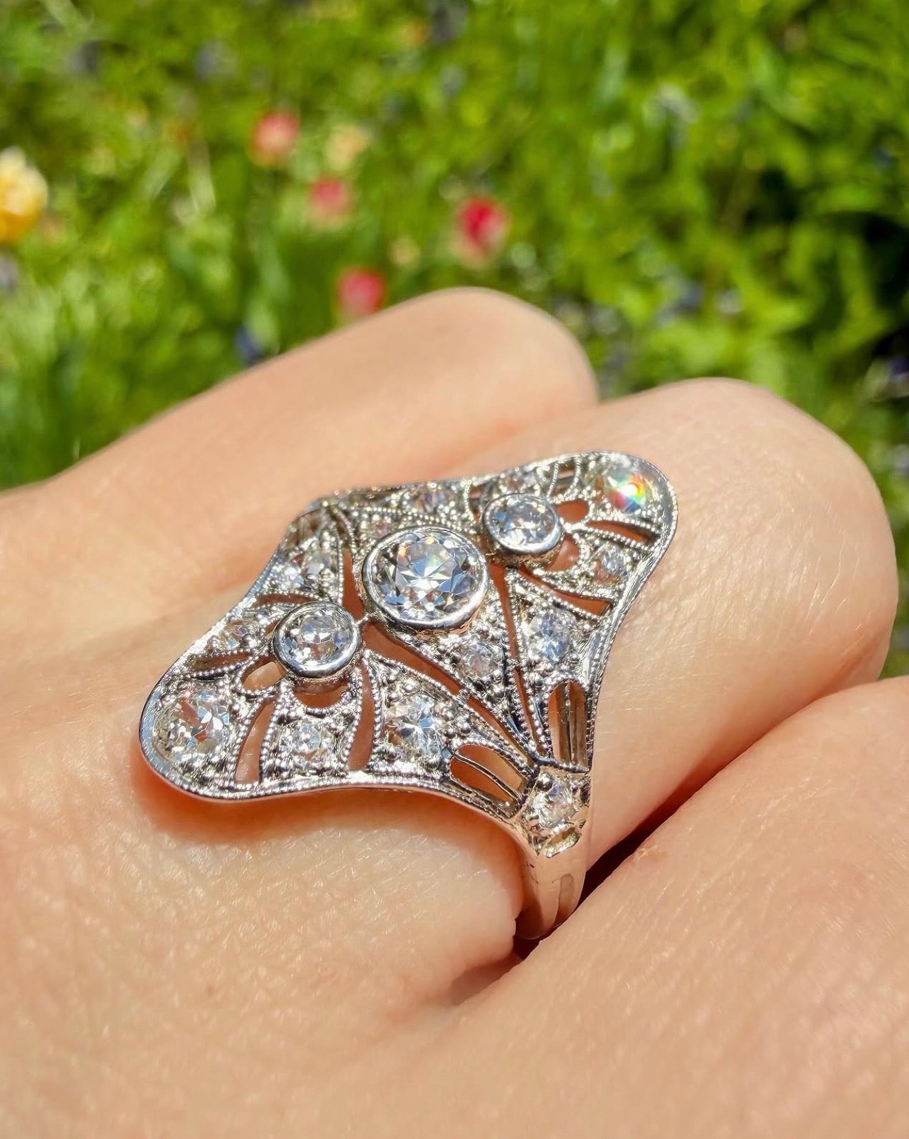 ANTIQUE • Edwardian Platinum Ring w/ Old European & Old Mine Cut Diamonds