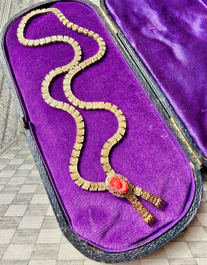 ANTIQUE • Victorian 9ct Yellow Gold w/ Coral Cameo Clasp Lariat Book Chain Necklace