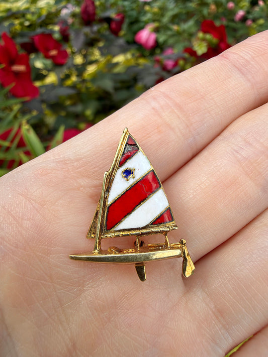VINTAGE • Mid-Century 14k Yellow Gold w/ Enamel Sunfish Sailboat Brooch