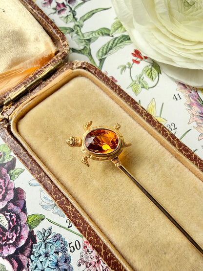 ANTIQUE • Art Nouveau 14k Yellow Gold w/ Madeira Citrine Turtle Stickpin