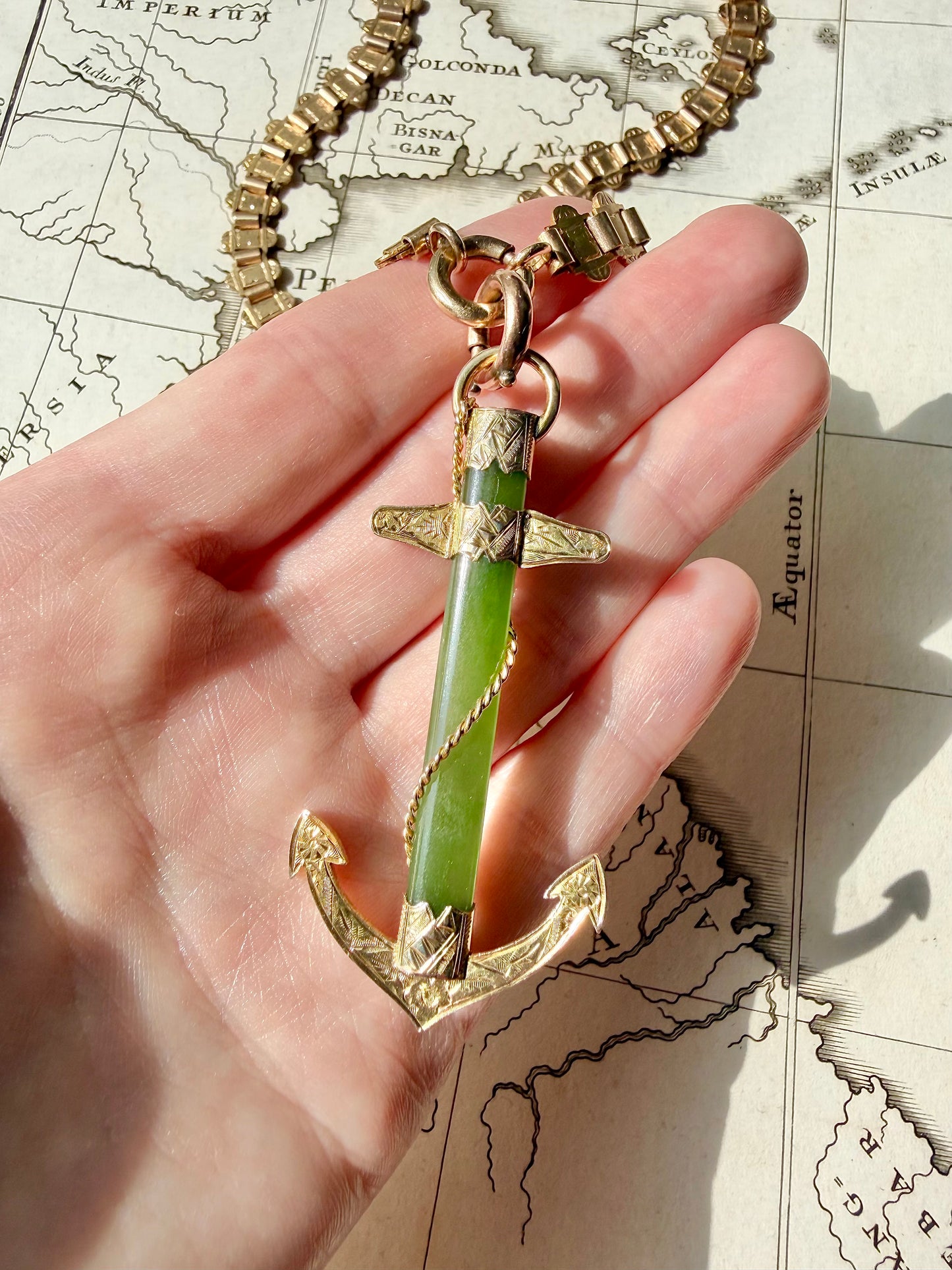 ANTIQUE • Victorian 9ct Yellow Gold Nephrite Jade Anchor Pendant & Brooch