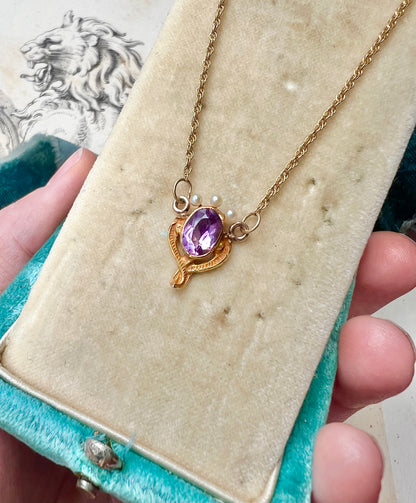 ANTIQUE • Art Nouveau 14k Yellow Gold Faceted Amethyst w/ Seed Pearl Crown Charm Necklace