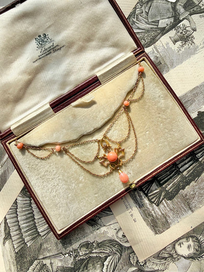 ANTIQUE • Art Nouveau 14k Yellow Gold w/ Natural Coral & Diamond Festoon Necklace