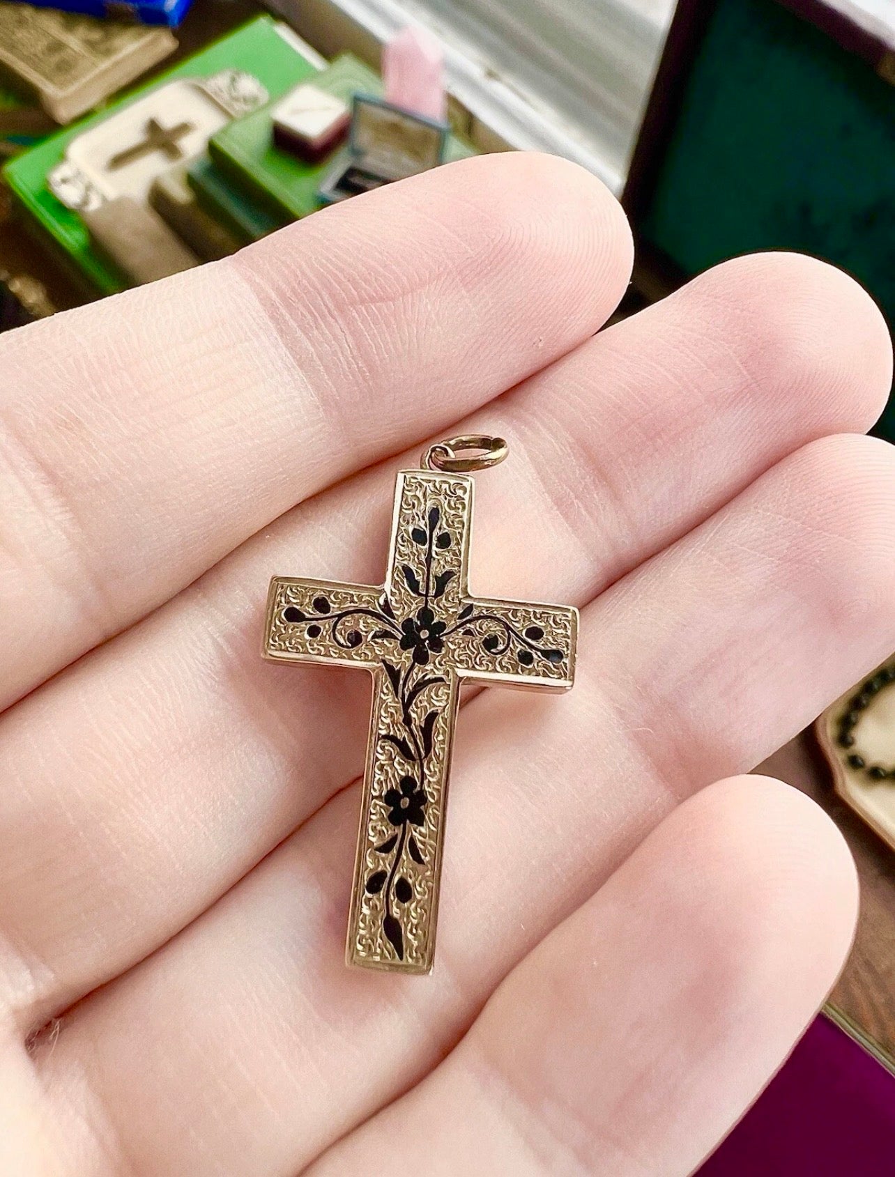 ANTIQUE • Victorian 10k Yellow Gold Taille D’Epargne Enamel Cross Pendant Charm