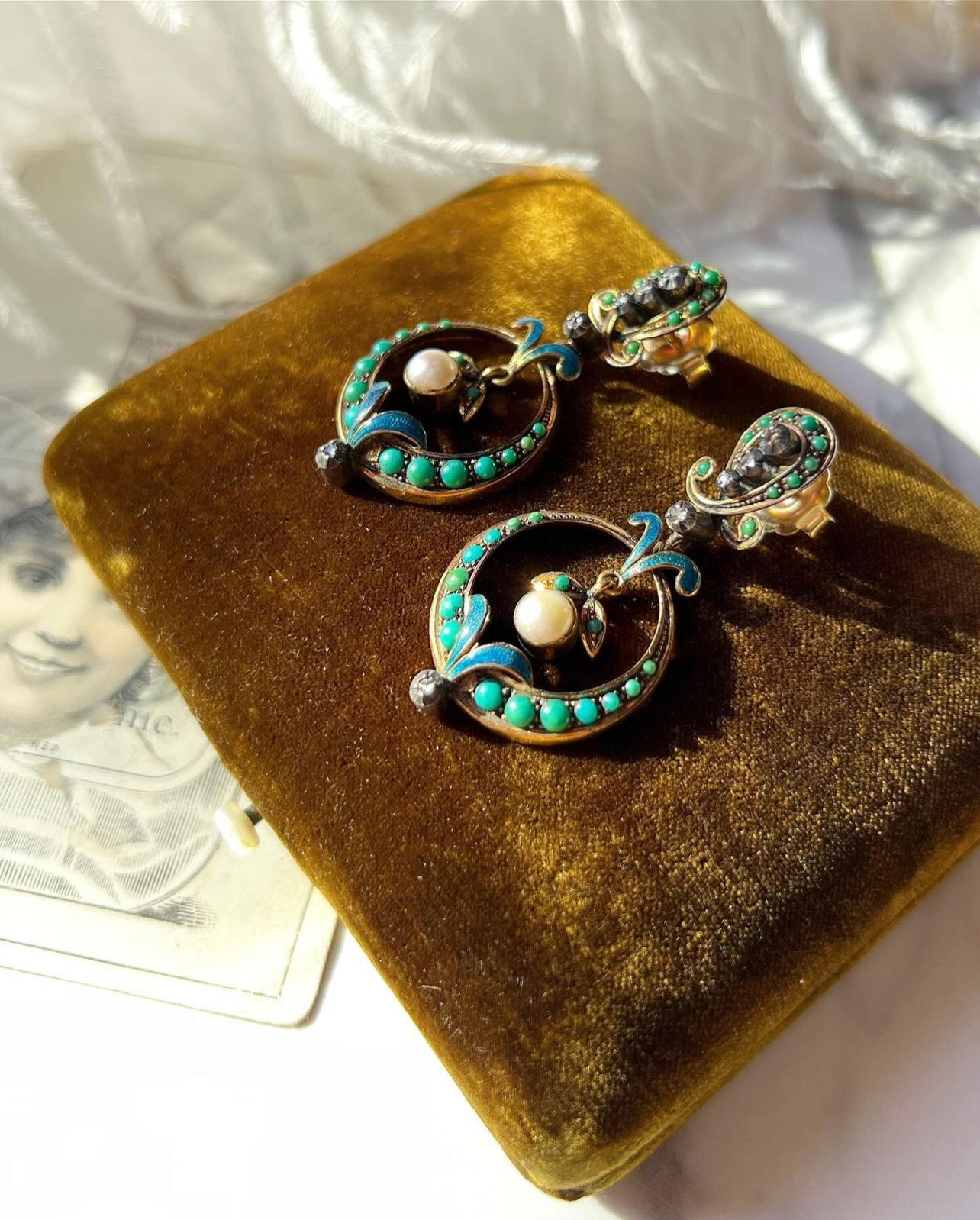 ANTIQUE • Victorian 15ct Dangle Earrings w/ Persian Turquoise, Diamond & Pearl