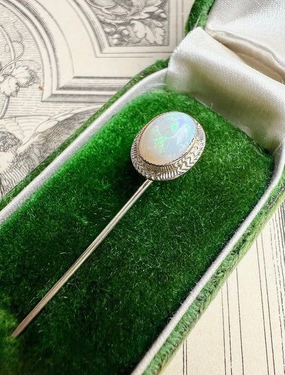 ANTIQUE • Art Deco 14k White Gold w/ Australian Opal Cabochon Stick Pin