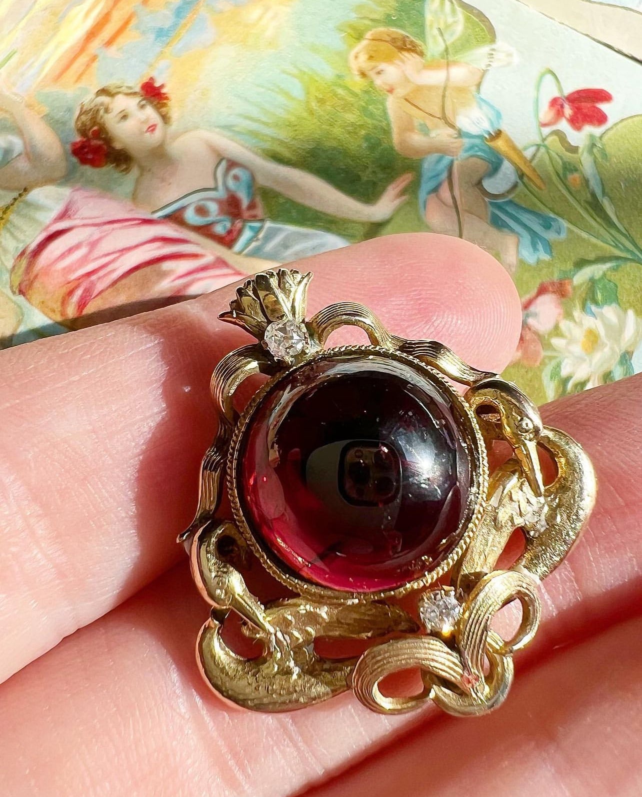 ANTIQUE • Art Nouveau 14k Yellow Gold Gold Flora & Fauna w/ Garnet Carbuncle Cabochon Brooch