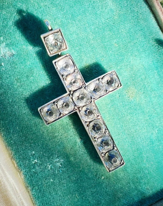 ANTIQUE • Victorian Sterling Silver w/ Black Dot Paste Crystal Cross Pendant
