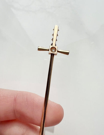 ANTIQUE • Art Deco 14k Yellow Gold w/ Old Mine Cut Diamonds Sword Stick Pin