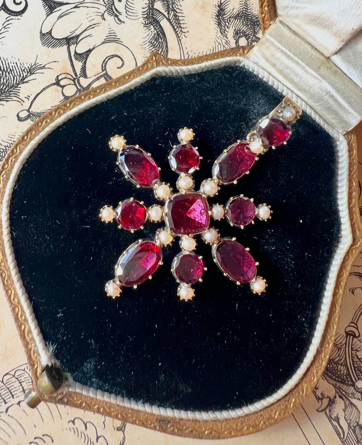 ANTIQUE • Georgian 14k Yellow Gold Foiled Garnet & Seed Pearl Cruciform Pendant