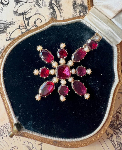 ANTIQUE • Georgian 14k Yellow Gold Foiled Garnet & Seed Pearl Cruciform Pendant