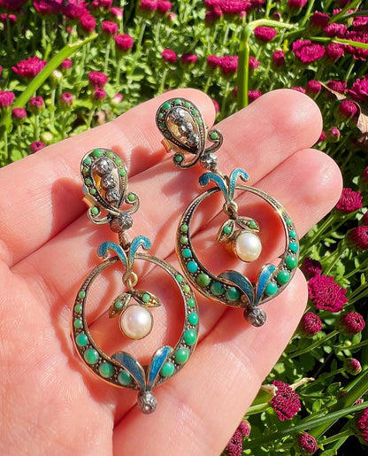 ANTIQUE • Victorian 15ct Dangle Earrings w/ Persian Turquoise, Diamond & Pearl