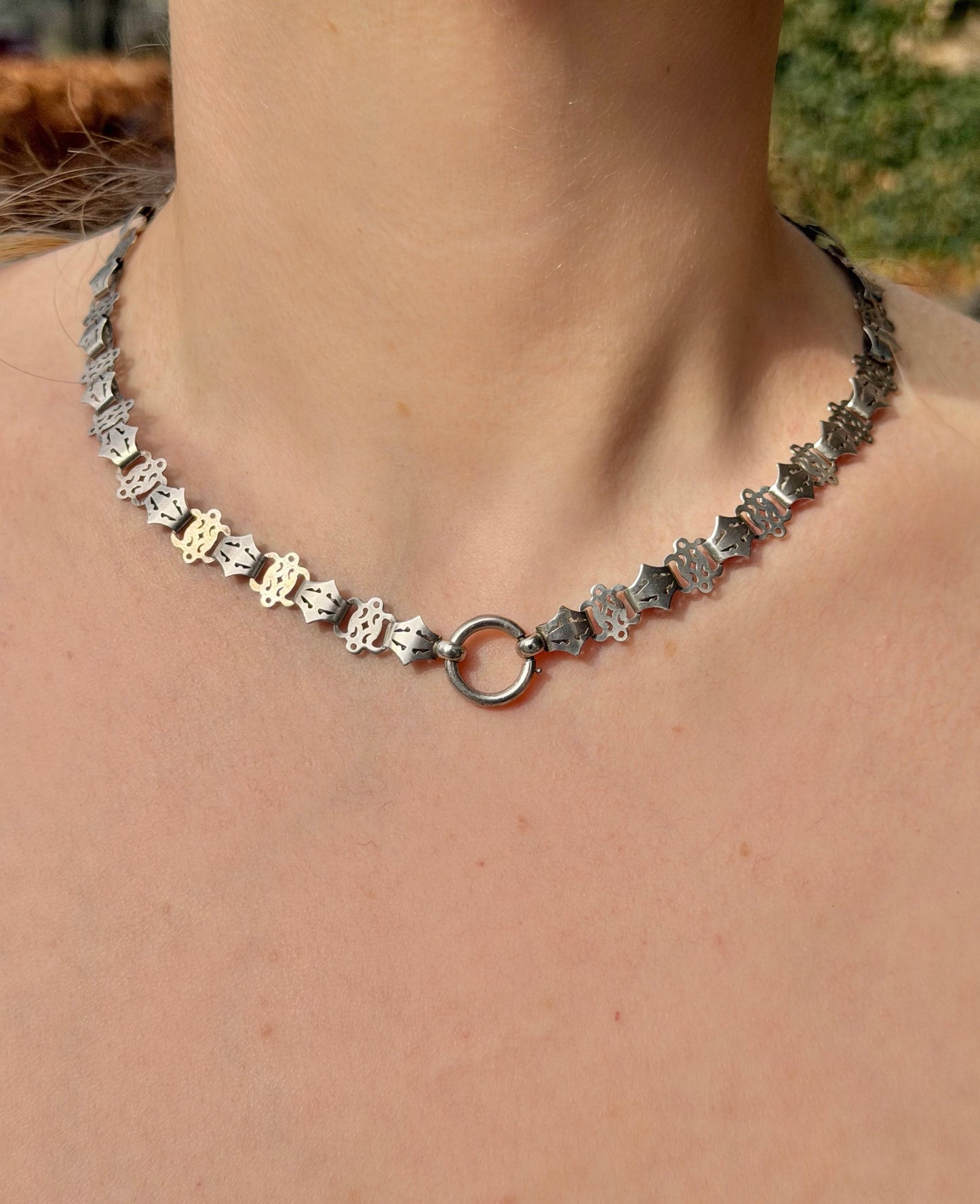 ANTIQUE • Victorian Pierced Silver Book Chain Collar Necklace