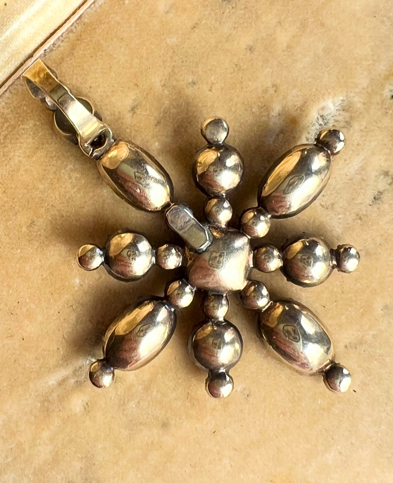 ANTIQUE • Georgian 14k Yellow Gold Foiled Garnet & Seed Pearl Cruciform Pendant