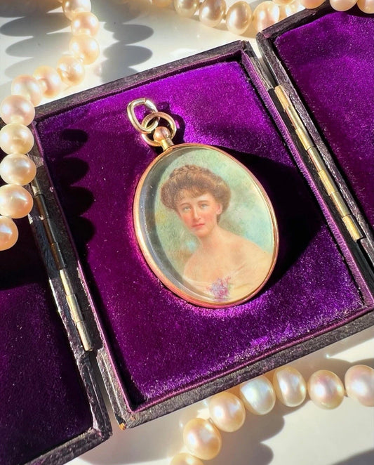 ANTIQUE • Art Nouveau 9ct Rose Gold Guache Miniature Maiden Portrait Pendant