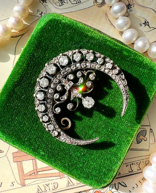 ANTIQUE • Victorian 18k Rosy Yellow Gold Old Mine Cut & Rose Cut Diamond Crescent Brooch