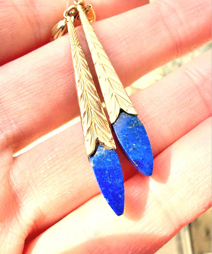 ANTIQUE • Art Deco 14k Yellow Gold Engraved Lapis Lazuli Drop Earrings