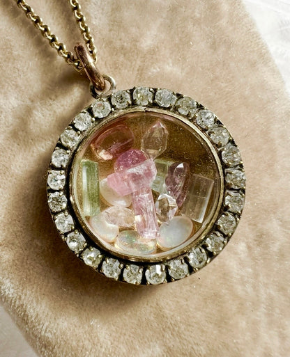 ANTIQUE • Victorian Gold Filled w/ Paste Diamond Halo Shaker Locket & Gemstones