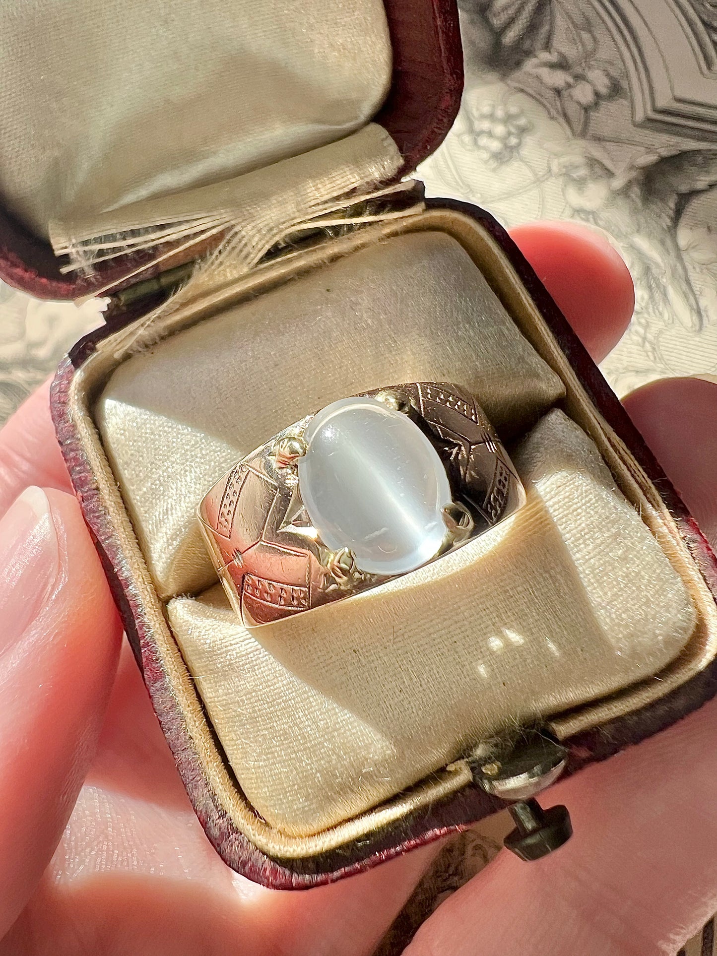 ANTIQUE • Art Nouveau 8k Rosy Gold German Jugendstil Engraved Moonstone Ring