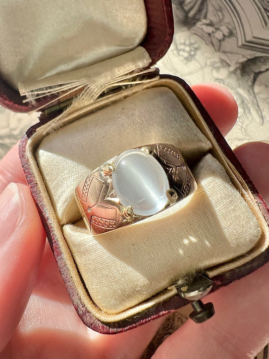 ANTIQUE • Art Nouveau 8k Rosy Gold German Jugendstil Engraved Moonstone Ring