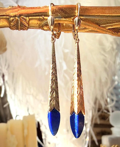 ANTIQUE • Art Deco 14k Yellow Gold Engraved Lapis Lazuli Drop Earrings
