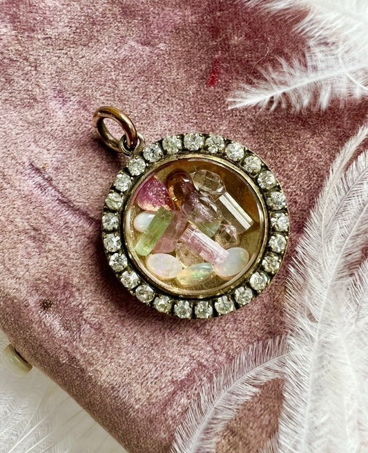 ANTIQUE • Victorian Gold Filled w/ Paste Diamond Halo Shaker Locket & Gemstones