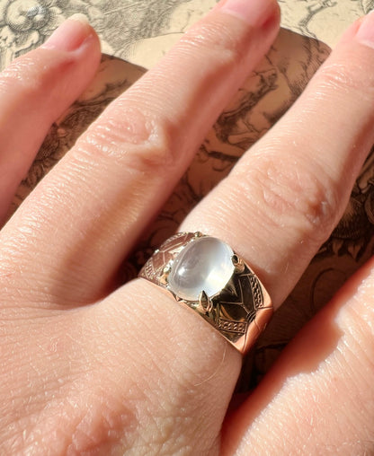 ANTIQUE • Art Nouveau 8k Rosy Gold German Jugendstil Engraved Moonstone Ring