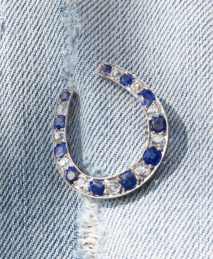 ANTIQUE • Victorian 14k Gold w/Rhodium Ceylon Sapphire & OMC Diamond Horseshoe