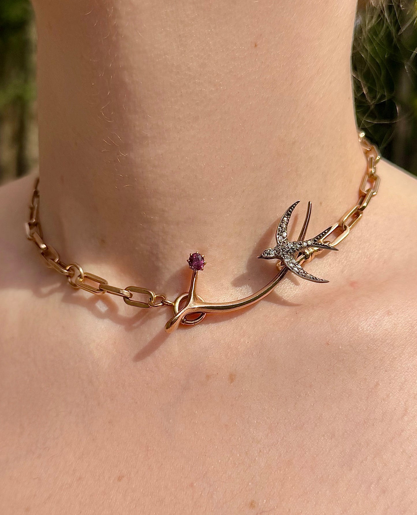 ANTIQUE • Victorian 14k Yellow Gold & Silver w/ Old Cut Diamonds & Rubies Wishbone Swallow Brooch