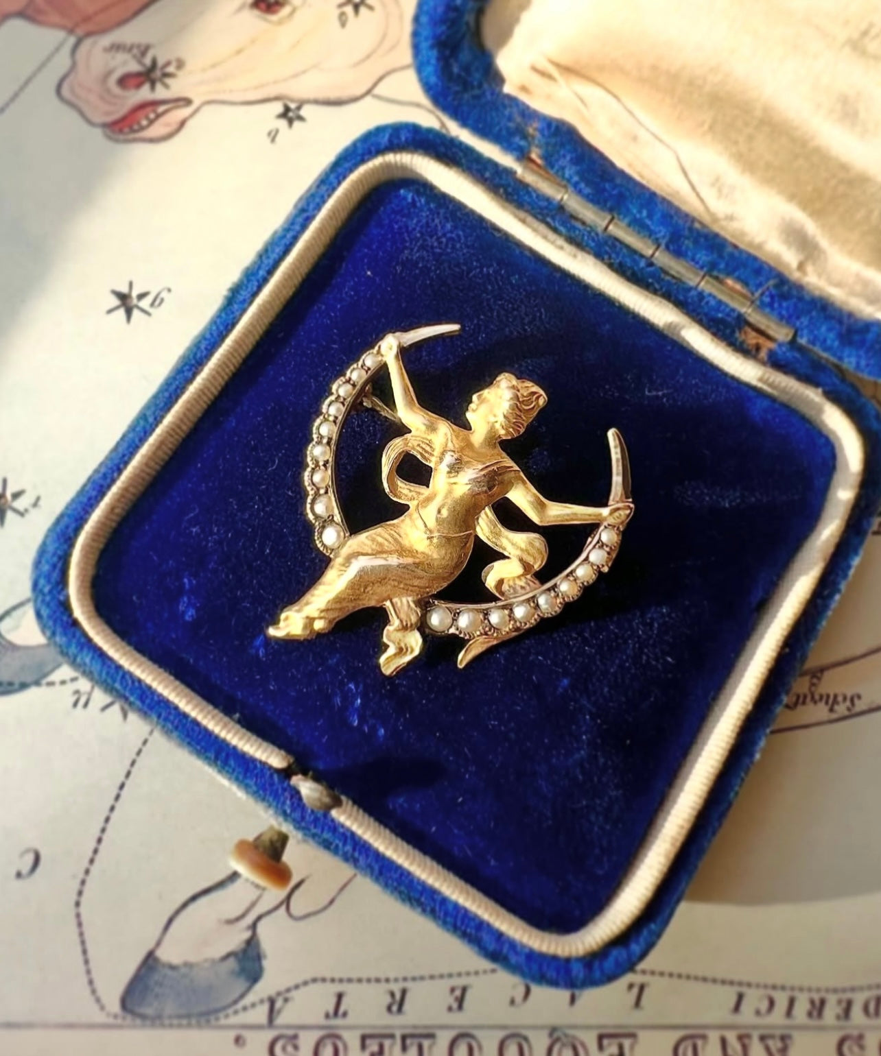 ANTIQUE • Art Nouveau 10k Yellow Gold Repoussé Female Swinging on Seed Pearl Crescent Brooch