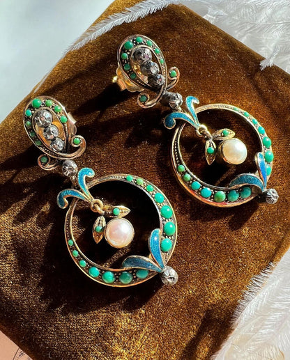 ANTIQUE • Victorian 15ct Dangle Earrings w/ Persian Turquoise, Diamond & Pearl