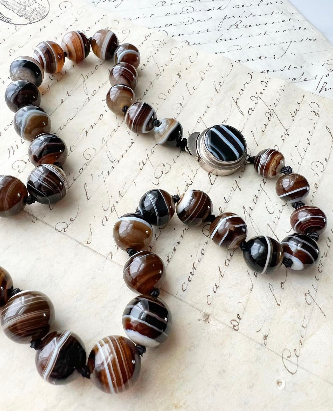 ANTIQUE • Victorian Scottish Banded Agate Bead Necklace w/ Sterling Silver Clasp