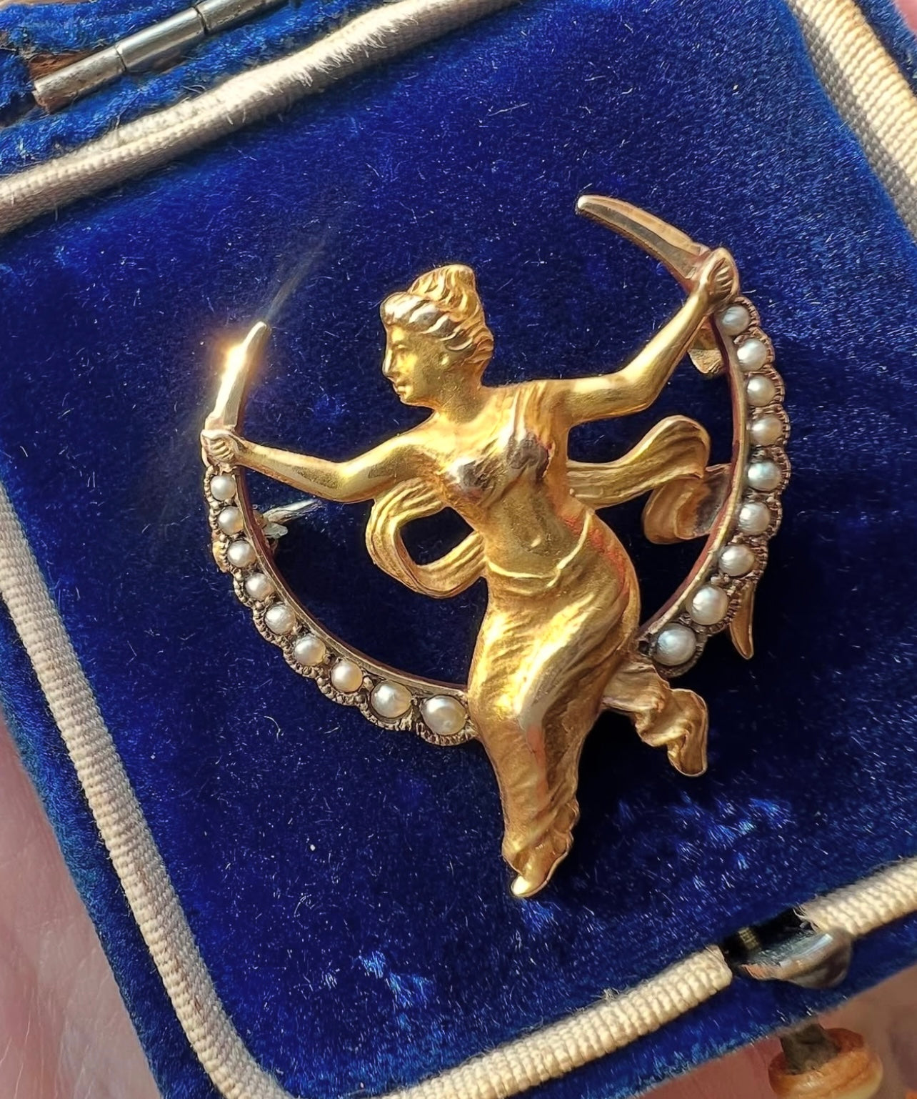 ANTIQUE • Art Nouveau 10k Yellow Gold Repoussé Female Swinging on Seed Pearl Crescent Brooch